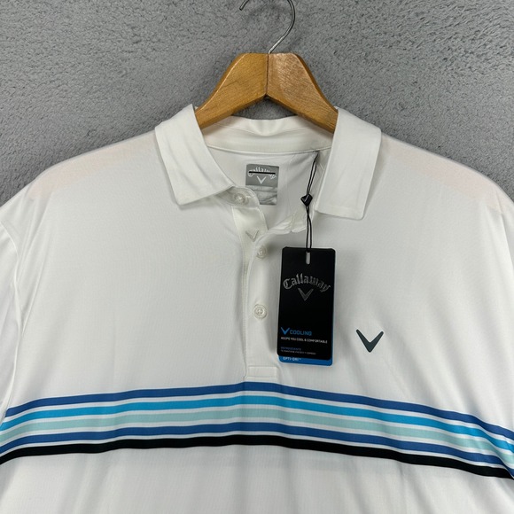 Callaway Opti-Dri Men Golf Polo Shirt Large White Blue Stripes Stretch Rugby NEW - Picture 1 of 8